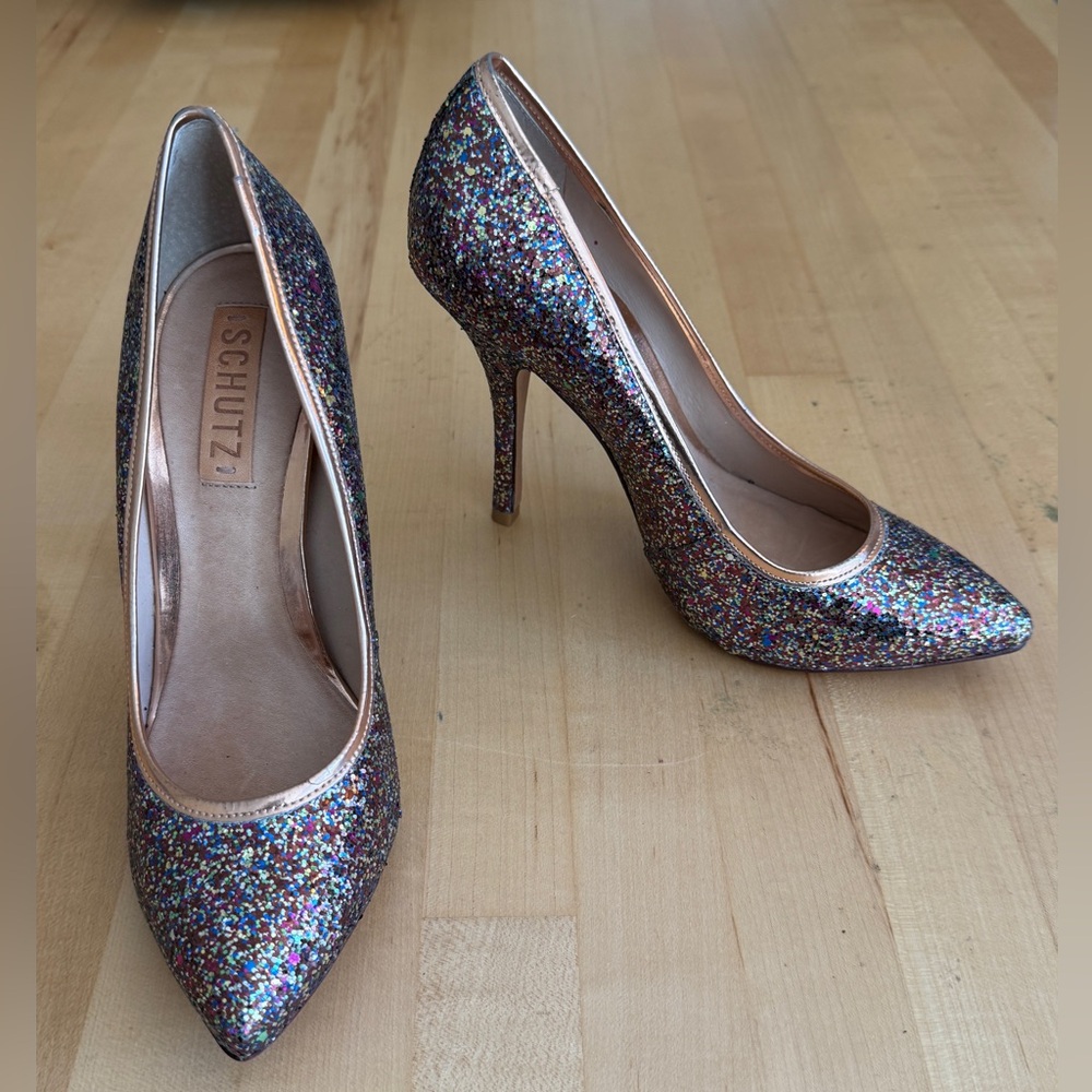 SCHUTZ 🎉 Rose Gold Sparkling Glitter Pumps Heel Size 8/ 39 *NWOB* NEW